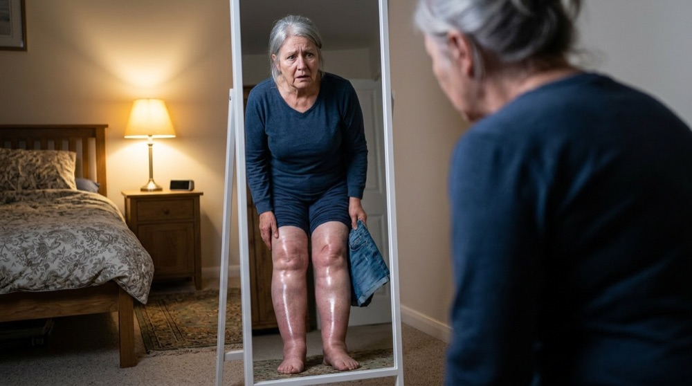 Woman looking at her swollen legs in a mirror